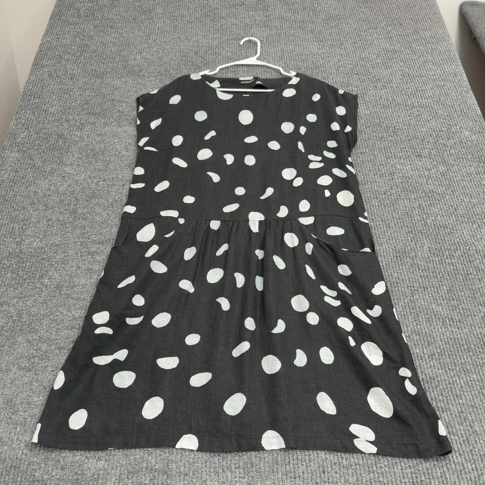 Marimekko Dress Women 40 Black Linen Polka Dot Short Sleeve Pockets Summer Style